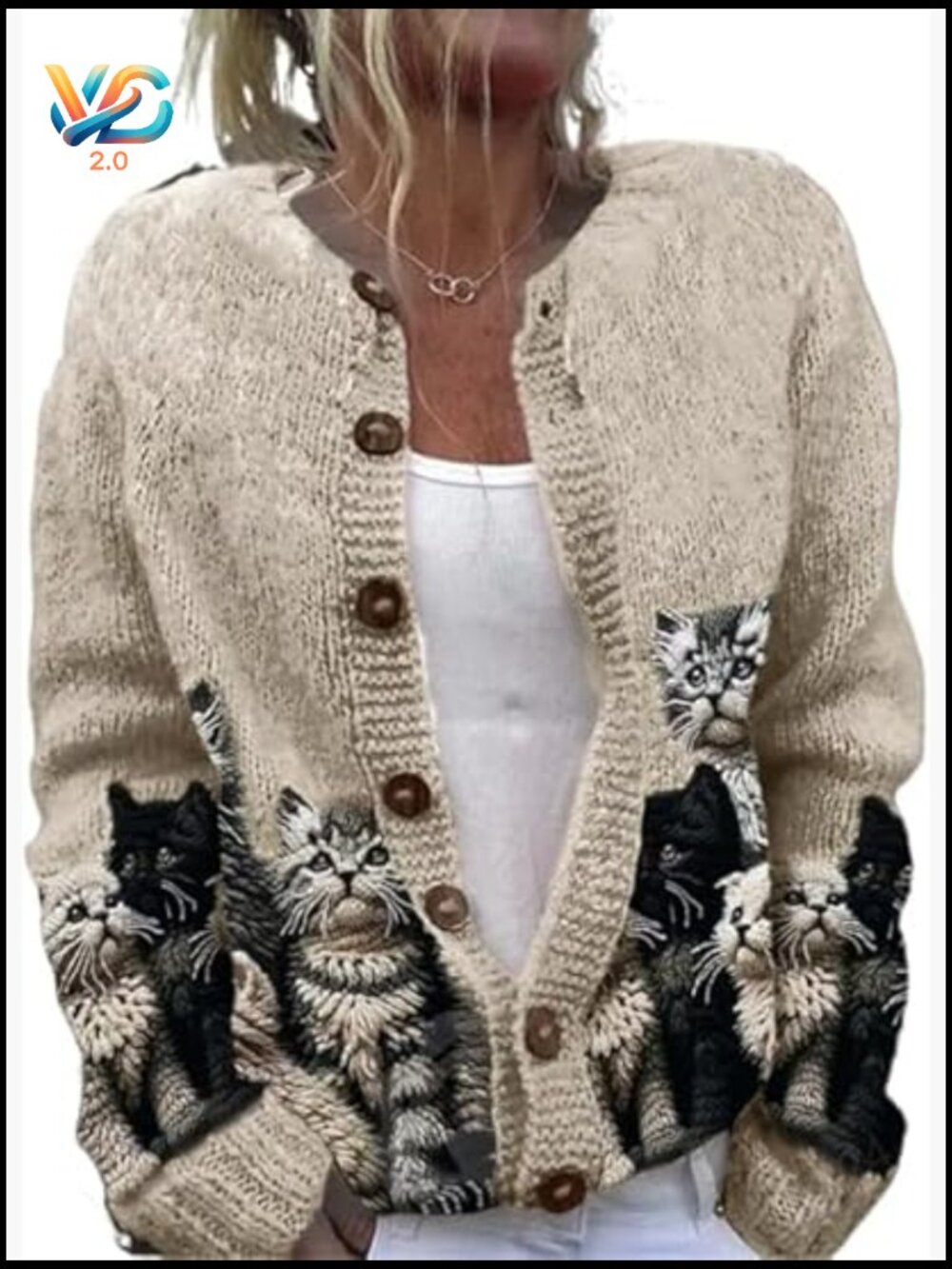 Oversized Cat Knit Cardigan Sweater Women Y2K Button Front
